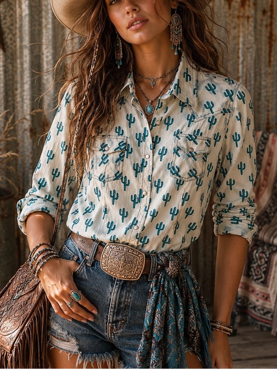 Wrangler Tops - WRANGLER RETRO Woman’s Cactus Print Western Pearl Snap Shirt